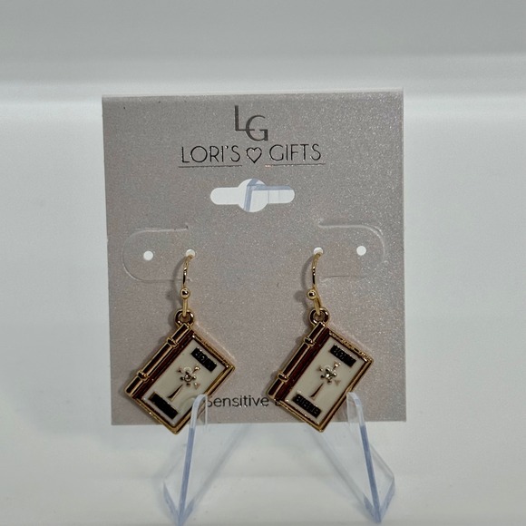 Gold Tone Holy Bible Cross Charm Dangle Earrings Loris Gifts - Picture 6 of 6